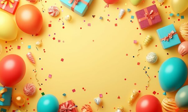 A festive flat lay style background featuring vibrant balloons presents and confetti Perfect for birthday or party greetings with room for a personalized message