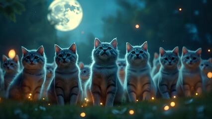 Enchanting Cats in a Moonlit Garden