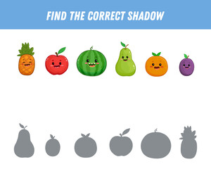 Find correct shadow of fruits. Educational logical game for kids. Cartoon funny fruit. Pear, apple, watermelon, plum, orange, pineapple. Vector