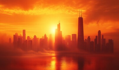 A city skyline with a bright orange sunset in the background