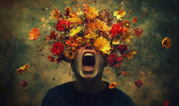 A person screaming with flowers exploding from their head, symbolizing a powerful and emotional release of energy and creativity