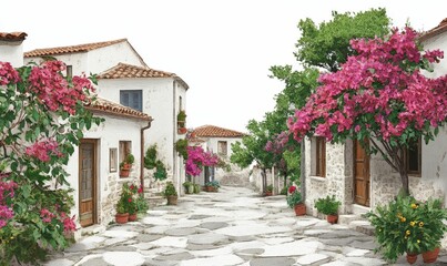 Stone street, white houses, pink flowers, potted plants.