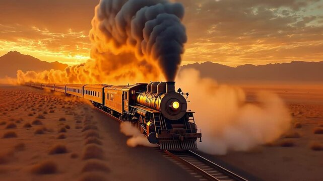 Historic steam train travels through desert landscape at sunset with vibrant colors