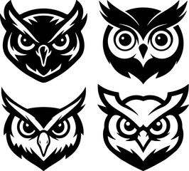 Owl head. Monochrome owl icon, sign, emblem, badge. Vector illustration