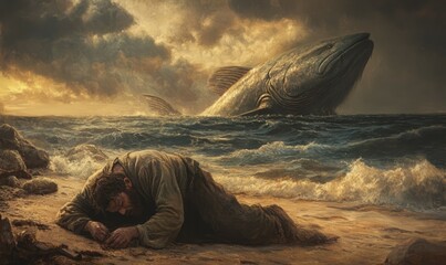 A poignant visual of Jonah exhausted on the beach with the great fish in the background, depicting his deliverance from the depths