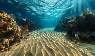 Obraz premium A powerful underwater current pulling sand and marine life along the ocean floor, ocean current power, underwater force
