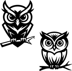 Owl head. Monochrome owl icon, sign, emblem, badge. Vector illustration