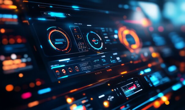 A close-up of a computer screen displaying a software update interface with various settings and progress indicators in a futuristic environment with blurred