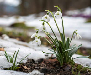 Delicate snowdrops sprouting through snow. Snowdrops blooming amidst melting snow. 