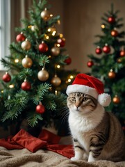 Obraz premium Cat in a Santa hat beside a decorated Christmas tree.