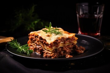 Delicious lasagna with red wine Traditional Italian dish Small focus Italian cuisine Food on dark plate Bolognese and Bechamel sauces Still life