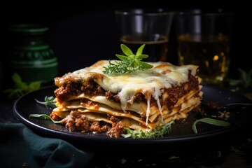 Delicious lasagna with red wine Traditional Italian dish Small focus Italian cuisine Food on dark plate Bolognese and Bechamel sauces Still life