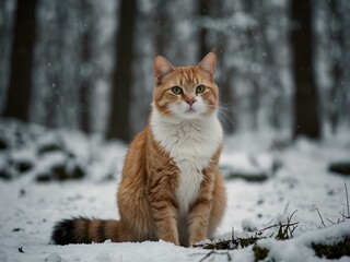Cat in a winter forest setting.