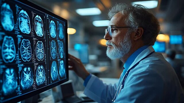 Senior doctor reviewing brain scans on a large monitor