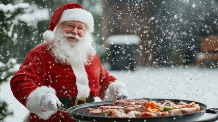 Festive winter wonderland santa claus grilling a joyful holiday feast outdoors