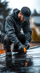 A roofing expert works diligently, applying zinc material on a sloped roof, dressed in protective gear. The weather is rainy, highlighting the challenging conditions