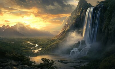 Fototapeta premium A majestic waterfall cascading down a mountain, with mist rising and sunlight reflecting off the water, waterfall power, nature s energy