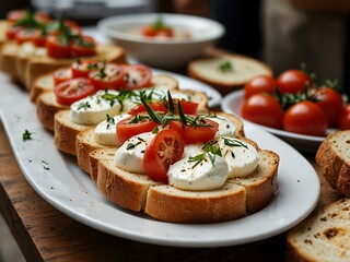 Catering buffet with bread, mozzarella, and tomatoes.