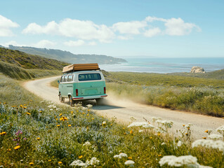 Adventure road trip in a vintage van coastal highway travel scenic view