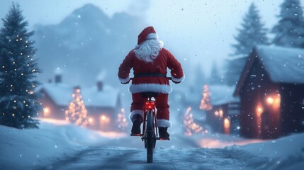 Christmas celebration santa's bicycle adventure in a snowy village wonderland