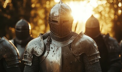 A fierce knight in shining armor, ready for battle, stands among his comrades with determination