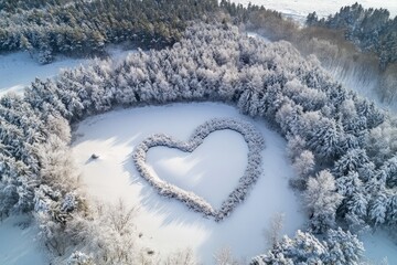 An aerial view of a snowy landscape with a heart-shaped clearing in the forest,