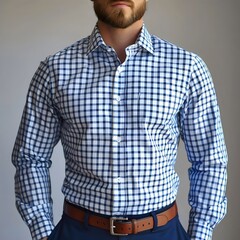 Fototapeta premium A man wearing a blue and white plaid shirt and brown belt