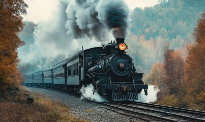 Obraz premium A train is on a track with smoke coming out of the engine