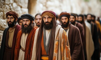 Naklejka premium A group of Pharisees in Jerusalem, dressed in traditional robes, symbolizing religious authority, tradition, and leadership in biblical times