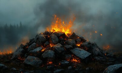 A pile of rocks with a fire burning on top of them