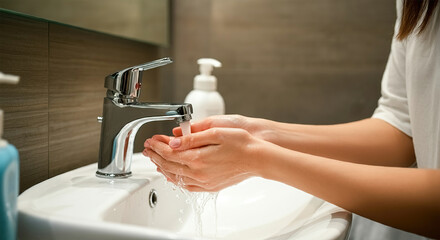 Healthy habit. close-up of women washing their hands under tap water at the sink, young woman cleans her palms keeping in mind the need to practice hygiene
