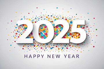 Fototapeta premium 2025 Happy New Year greeting card with colorful confetti. (1)