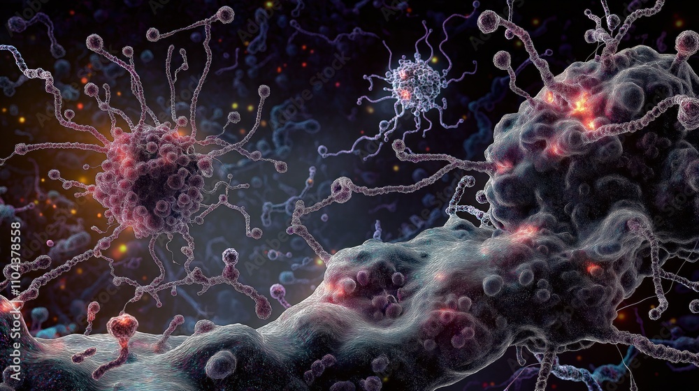Aufkleber Microscopic view of actin, spectrin proteins dynamically interacting. Cells display structural integrity. Illustration highlights dynamic crosslinking. Biomedical tech image. Cellular structures,
