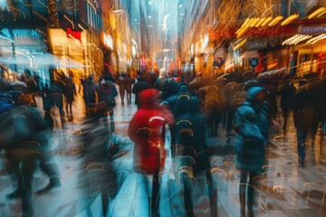 Blurred Christmas shopping scene with festive lights and cheerful crowds