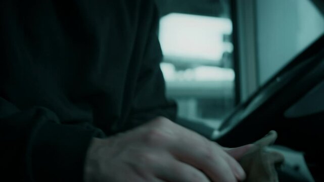 Tilt closeup shot of middle-aged Caucasian male criminal in black clothes sitting in car and soaking piece of cloth with chloroform, going to sedate victim outdoors