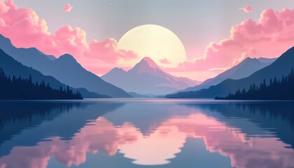 Fototapeta premium Serene lake landscape reflects tranquil pink clouds, mountains. Sunrise sunset paints sky. Minimalist style with quiet colors evokes feeling of peace. Silhouette trees line calm water edge. Perfect