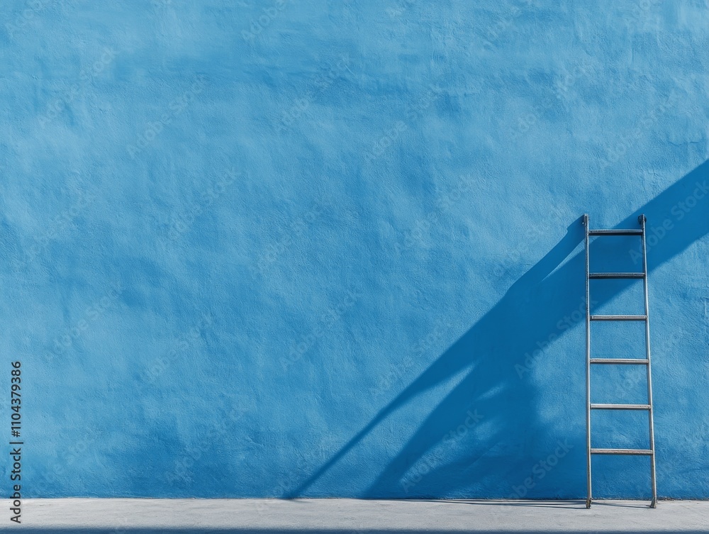 Poster A ladder stands against a light blue wall, casting a soft shadow that plays with light to create an abstract and serene atmosphere, perfect for minimalistic design