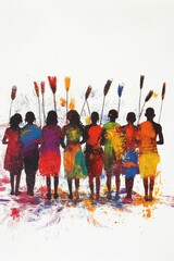 Naklejka premium Colorful figures hold tall stalks; vibrant, abstract art.