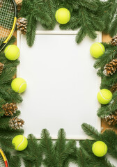 Tennis and winter holiday frame with greenery and pine cones for festive decoration