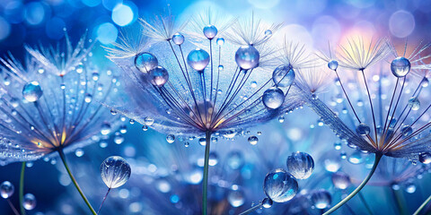 Dandelion seeds shimmer with water droplets under soft blue lighting, creating an enchanting visual effect that highlights nature's beauty and tranquility