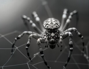 Black, white spider eats fly on web. Arachnid hunts prey in nature. Spider web intricate design. Close up photo shows details. Nature scene. Predator insect. Black, white colors. Insect eat. Predator