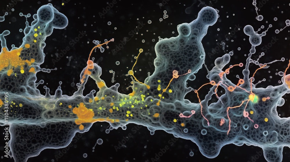 Aufkleber Microscopic view of dynamic protein crosslinking within cytoskeleton. Cellular structure integrity shown. Actin, spectrin interactions visible. Advanced tech visualized. Biomedical research image.