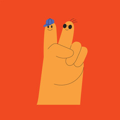 Playful illustration featuring hand gestures. Two fingered salute, fork, 2 fingers sign. Modern communication concepts.