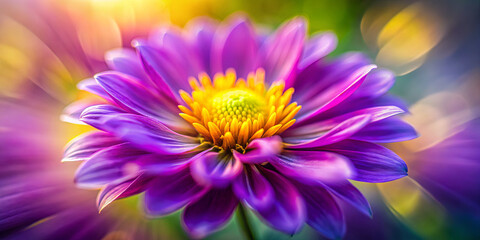 Obraz premium A vibrant purple flower blooms in a garden during sunset, featuring a striking yellow center. The soft focus enhances the natural beauty of the scene, creating a serene atmosphere