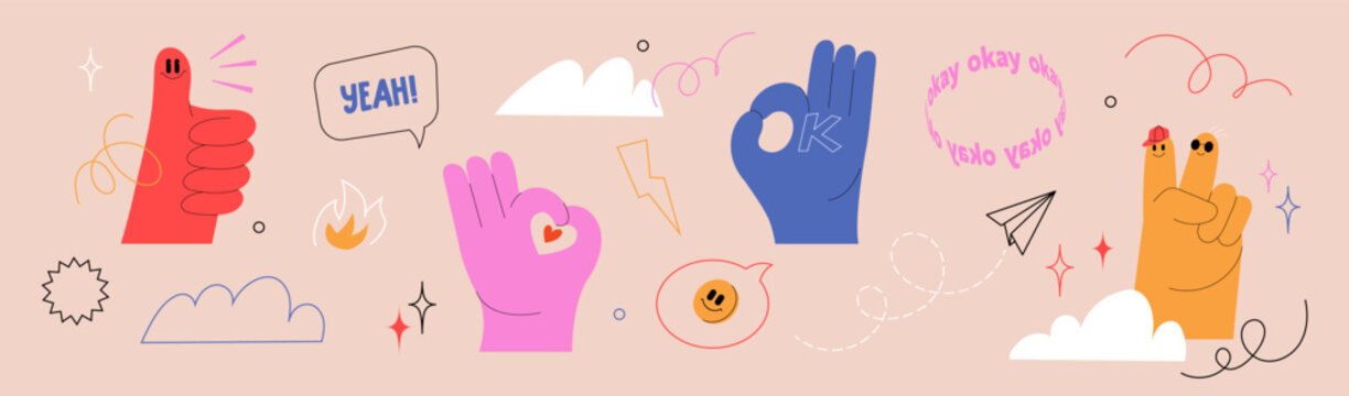 Playful illustration featuring hand gestures, speech bubbles, and fun elements. Thumb-up, okay sign, emoji, expressive details. Modern communication concepts.