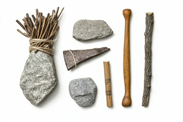 Stone tools, wood, and kindling arranged neatly.
