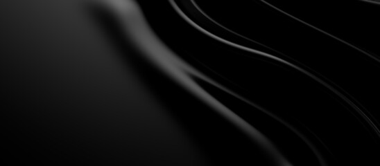 3d soft black waves background. Dark silk crumples. Elegant minimalistic satin ripples backdrop. 3d render illustration