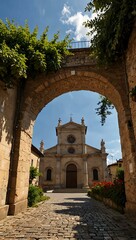 Naklejka premium Charming cobblestone streets in Offida, Italy, featuring beautiful churches.