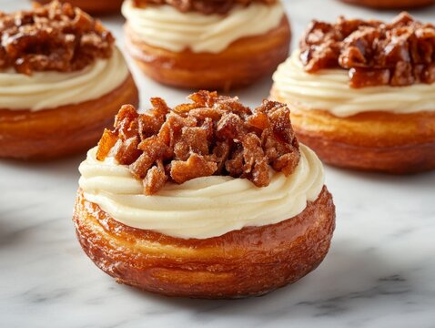 Assorted cronuts are artfully arranged on a marble countertop, showcasing their rich, creamy fillings and deliciously flaky golden-brown layers, perfect for pastry lovers