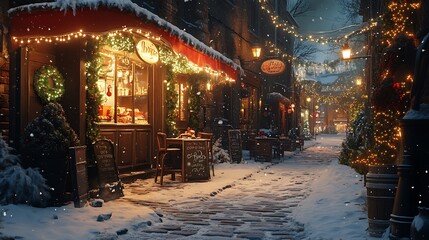 a coffee shop decorated with Christmas lights on a snowy street